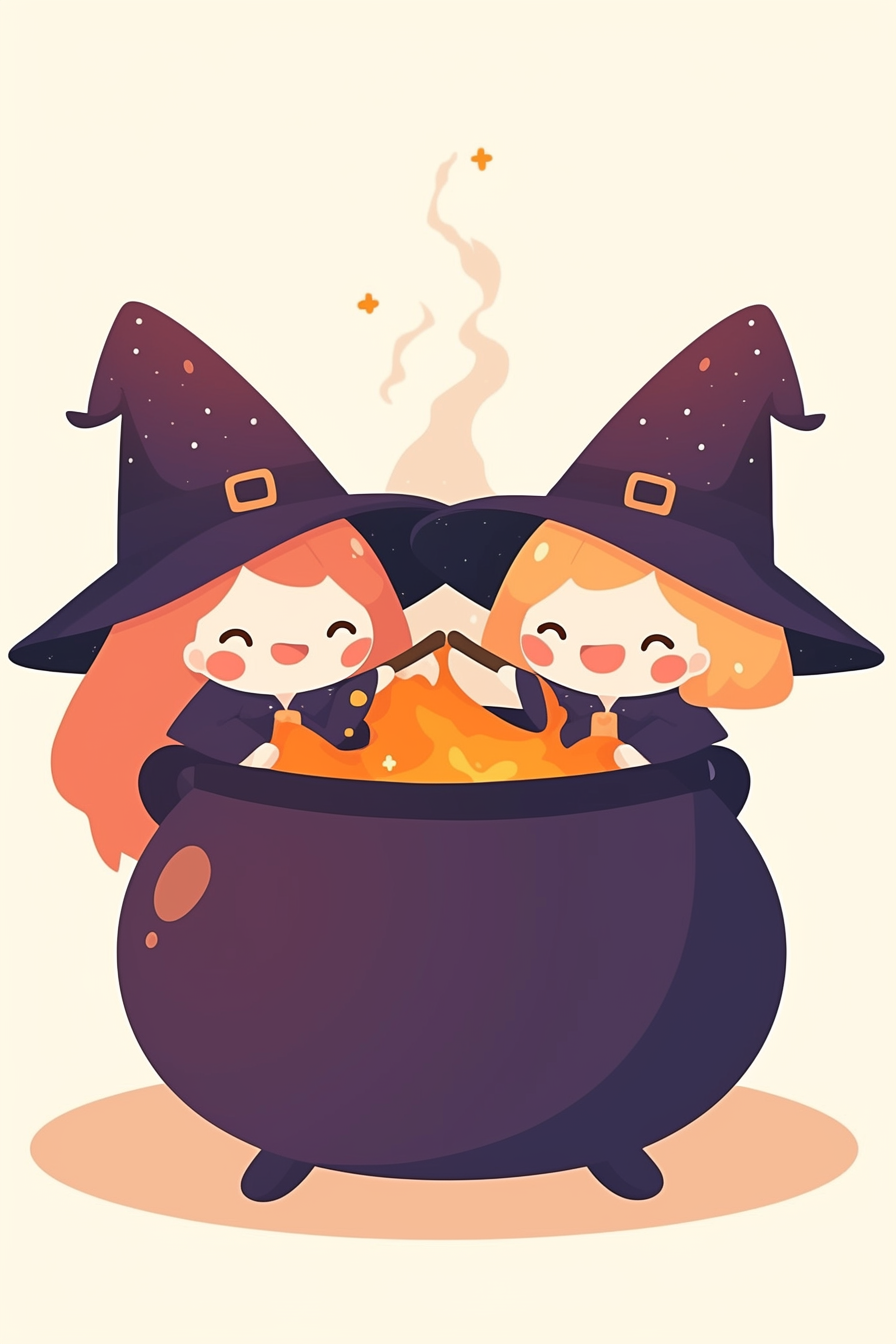cute halloween drawings for kids, depicting two adorable witches stirring a large cauldron together. The witches are smiling and wearing cute witch hats.